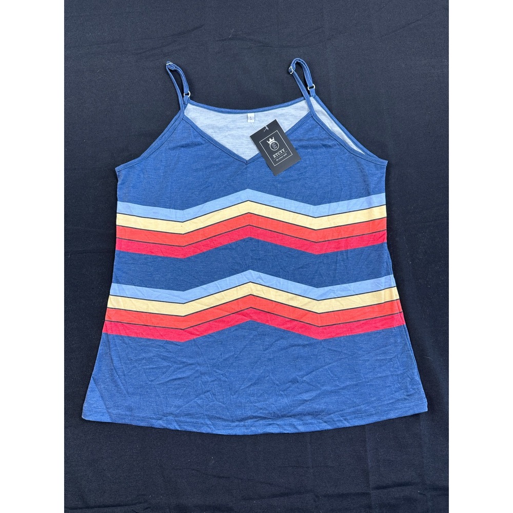 ETCYY Retro Chevron Stripe Camisole V-Neck Adjustable Strap Tank Top Blue Large